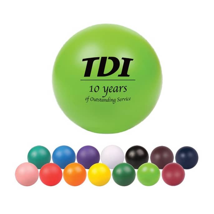 A green 50mm ball shape stress reliever with a logo, surrounded by various coloured balls in different shades. 50mm Ball Shape Stress Reliever - Image 1