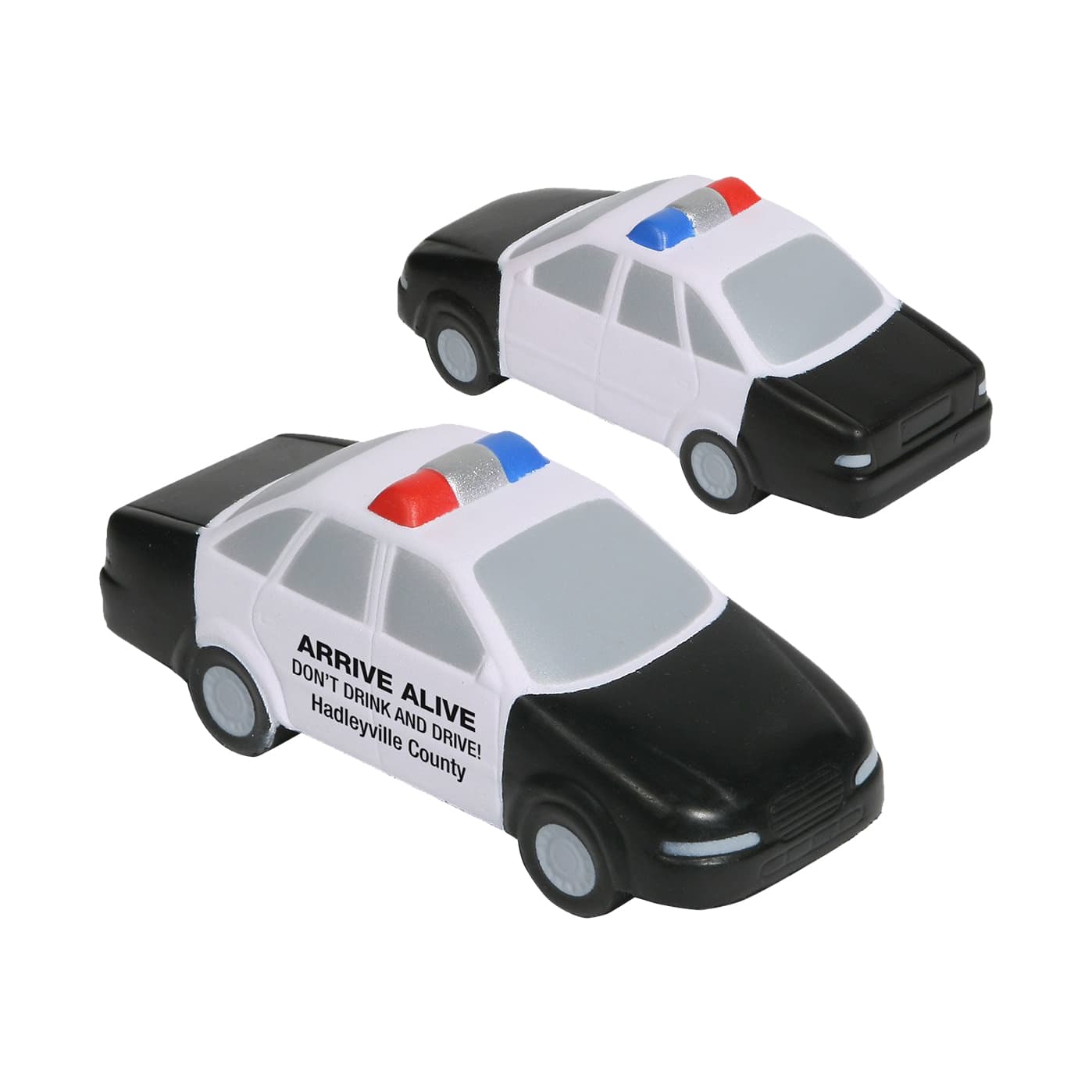 A police car-shaped stress reliever in black and white, featuring a light bar and a logo. Police Car Shape Stress Reliever - Image 1