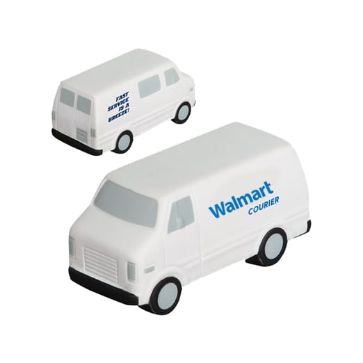 A white stress reliever shaped like a van, featuring small wheels and a logo. White Van Shape Stress Reliever - Image 1