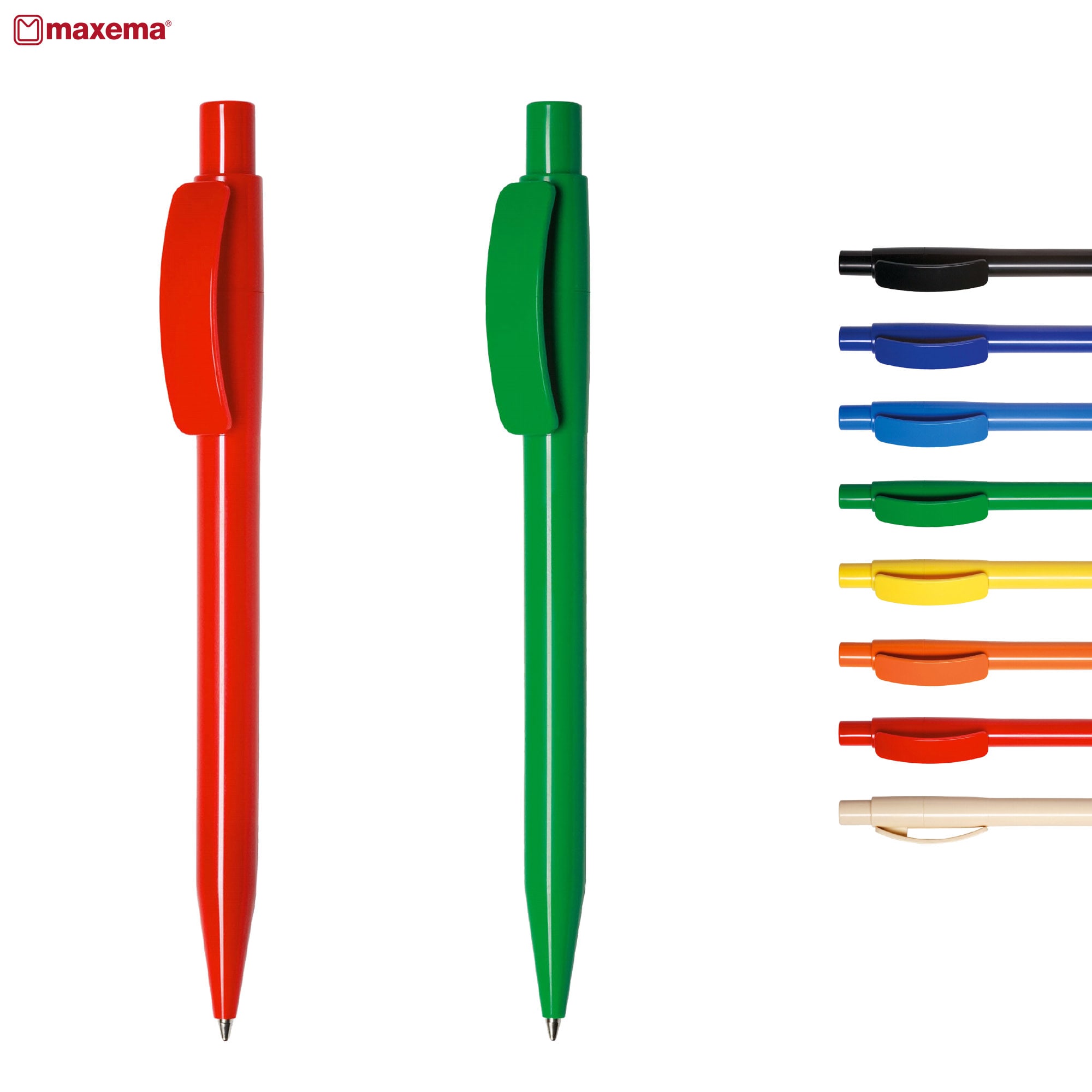 A green and a red plastic pen, with eight additional pens in various colours arranged beside them. Each pen has a clip and a logo. Pixel C - Image 1