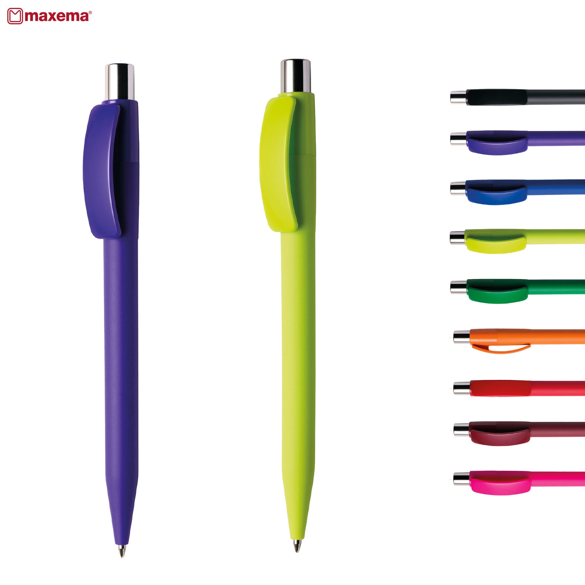 Two plastic pens in purple and green, alongside a variety of colourful pens in shades of blue, pink, orange, and black. Pixel GOM C CR - Image 1