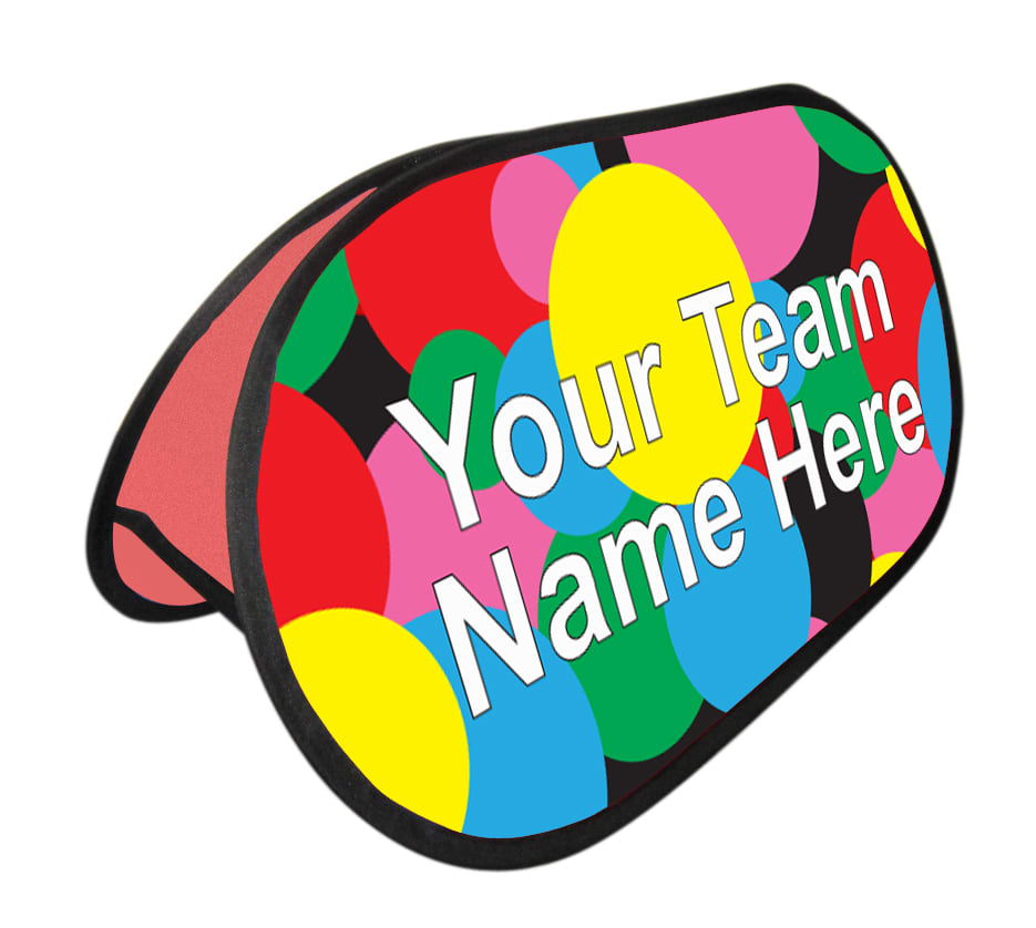 A colourful pop-up banner featuring large circles in pink, blue, yellow, and black. It includes space for team names. Horizontal Pop Up Banner 1600mm 650mm - Image 1