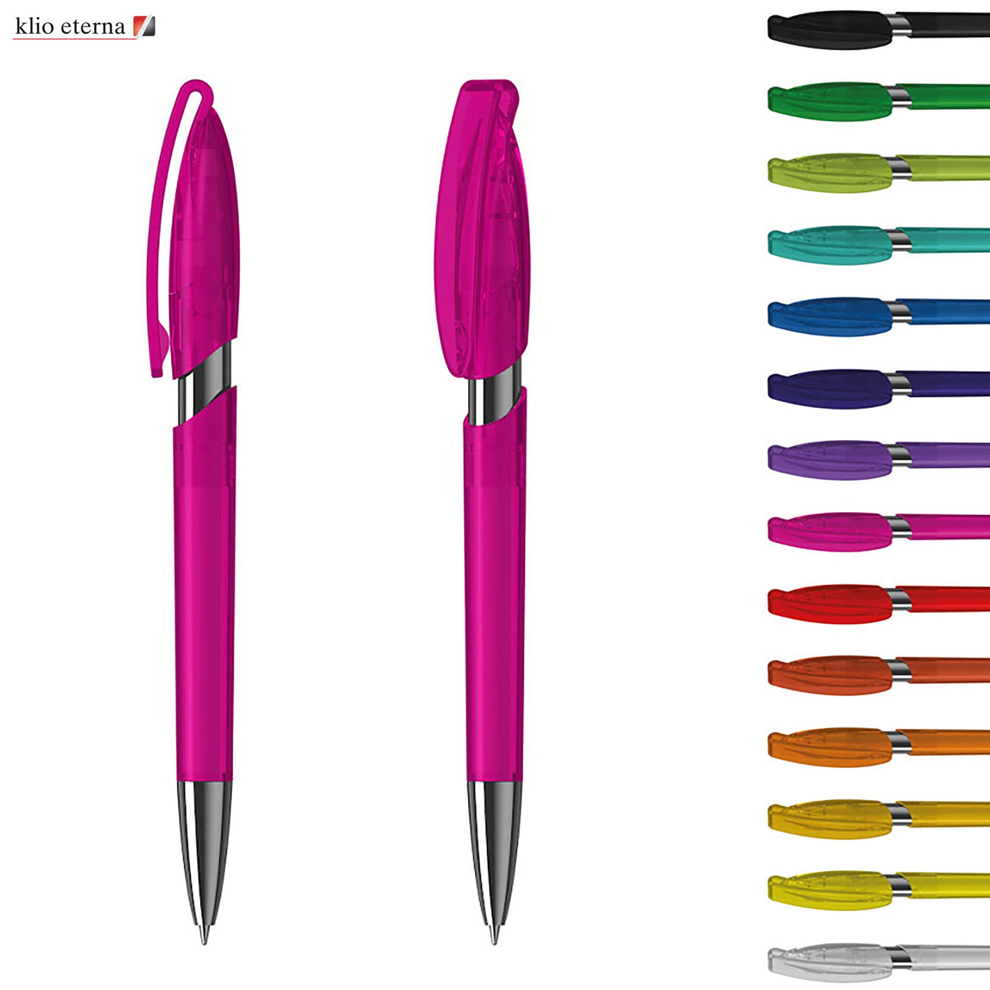 Two plastic pens in vibrant pink, featuring a transparent barrel, alongside various colour options on display. Rodeo M Transparent - Image 1