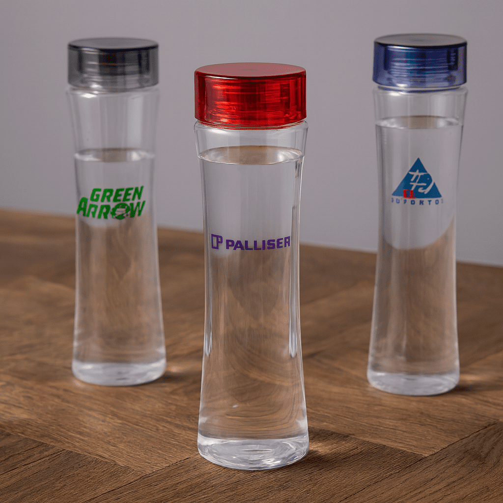A drink bottle featuring a clear body with three different coloured lids: red, blue, and silver. Each has a logo. Sparta 500ml Tritan Water Bottle - Image 1