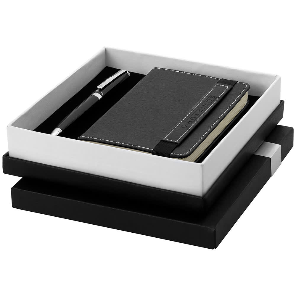 A black notebook and pen set in a sleek black and white gift box. The set features a logo on the notebook. Scriptura Gift Set - Image 1