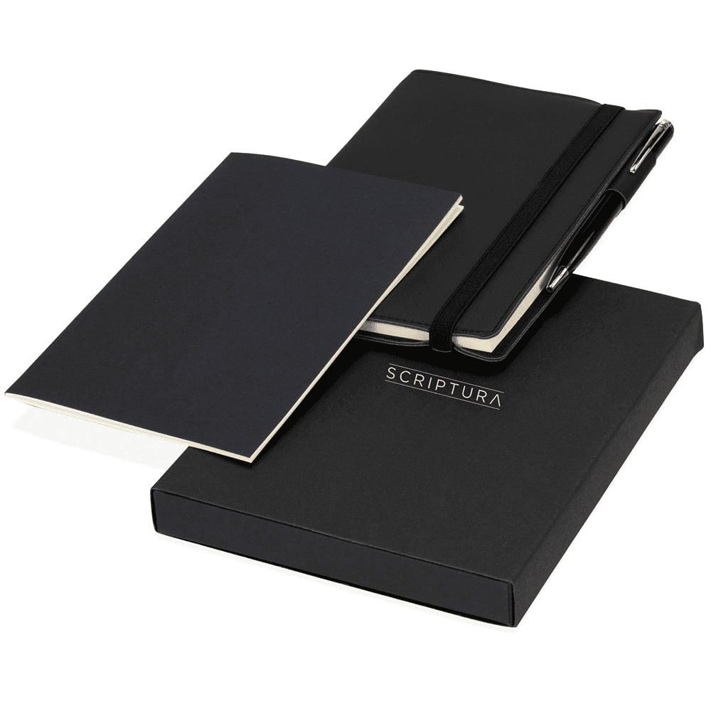 A black notebook and pen gift set in a black box, featuring a logo on the packaging. Scriptura Notebook & Pen Giftset - Image 1