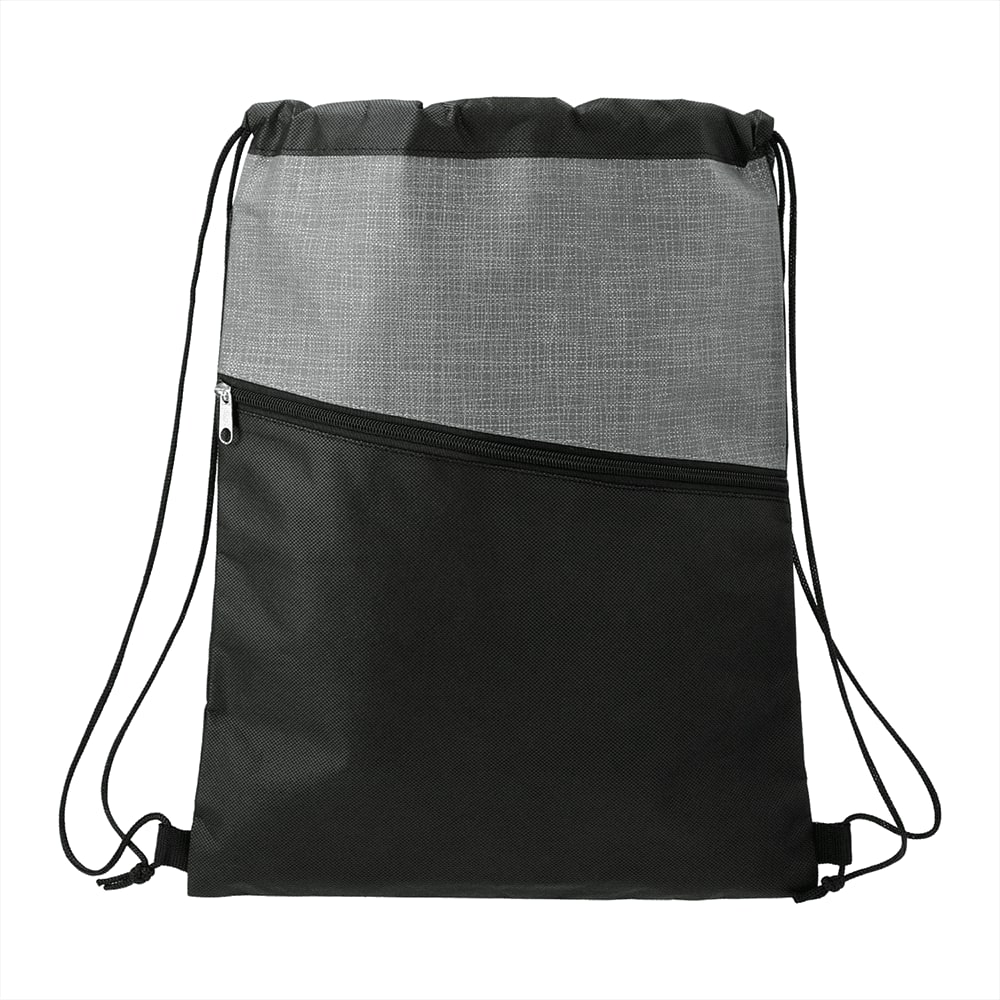 A zippered drawstring bag in black with a grey cross weave design and a front pocket. Features a logo. Cross Weave Zippered Drawstring Bag - Image 1