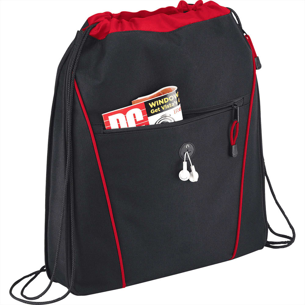 A black drawstring bag with red accents and a front pocket containing magazines and earphones. Raven Drawstring Bag - Image 1