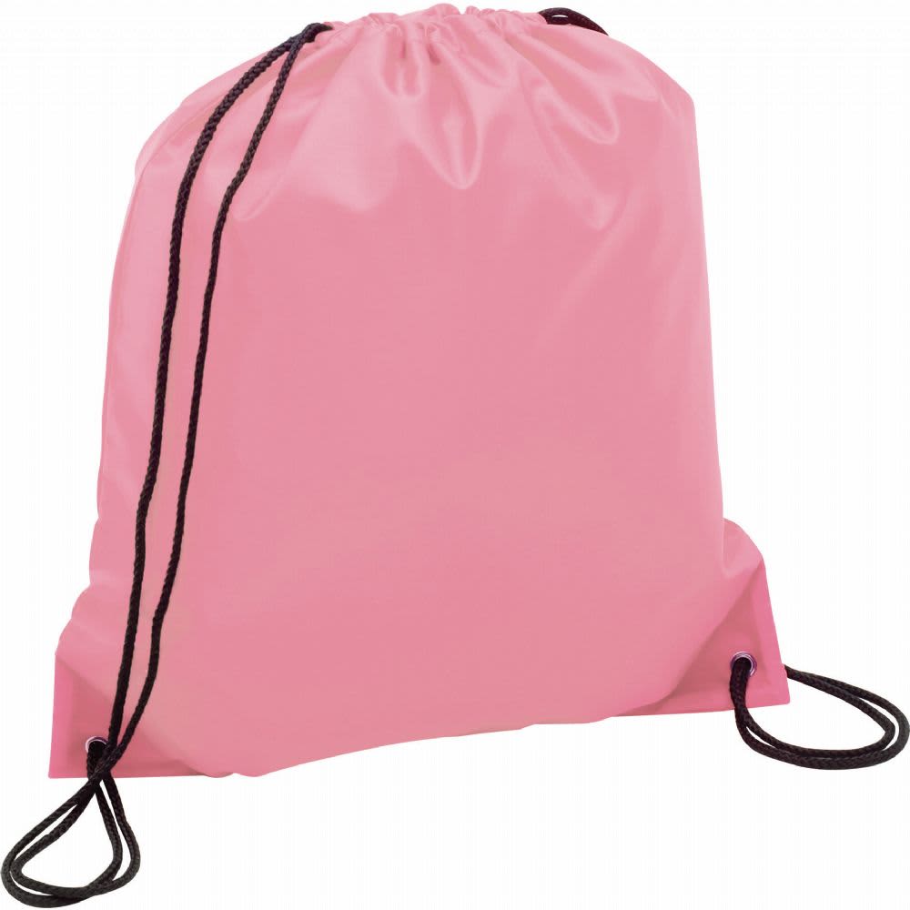 A pink drawstring sportspack featuring black drawstrings and a branding logo. Oriole Drawstring Sportspack - Image 1