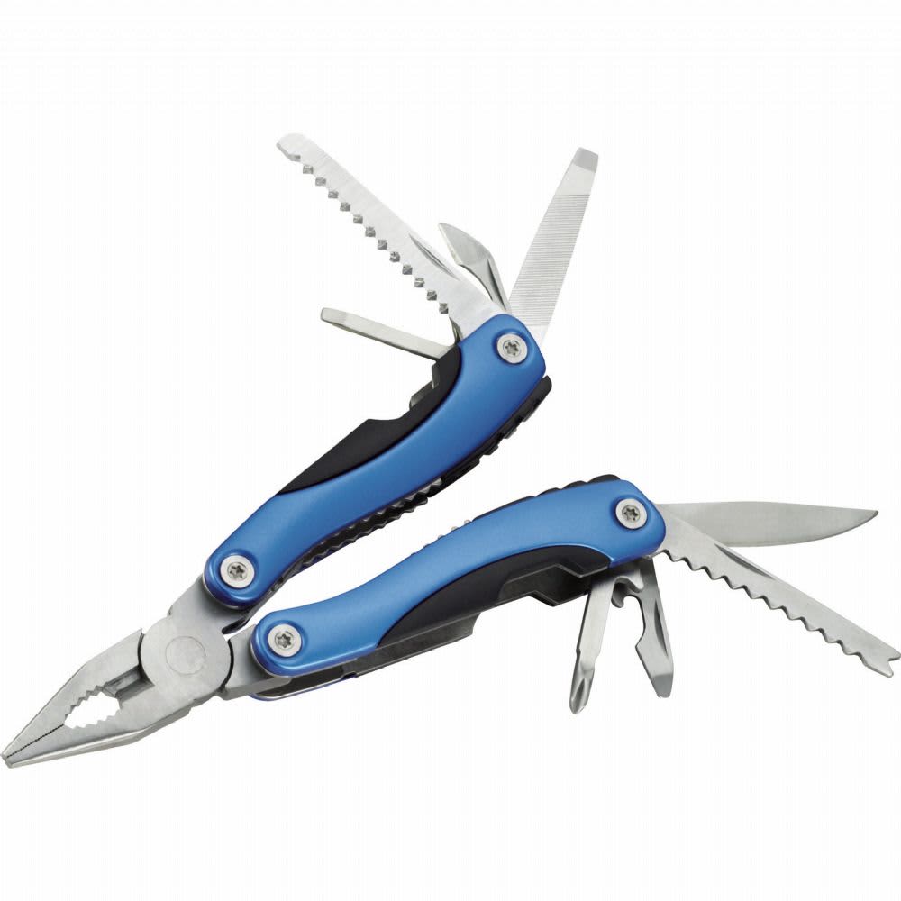 A blue and black multi-tool featuring pliers, various blades, and additional functions, with a compact design. The Tonca 11-Function Mini Multi-Tool - Image 1
