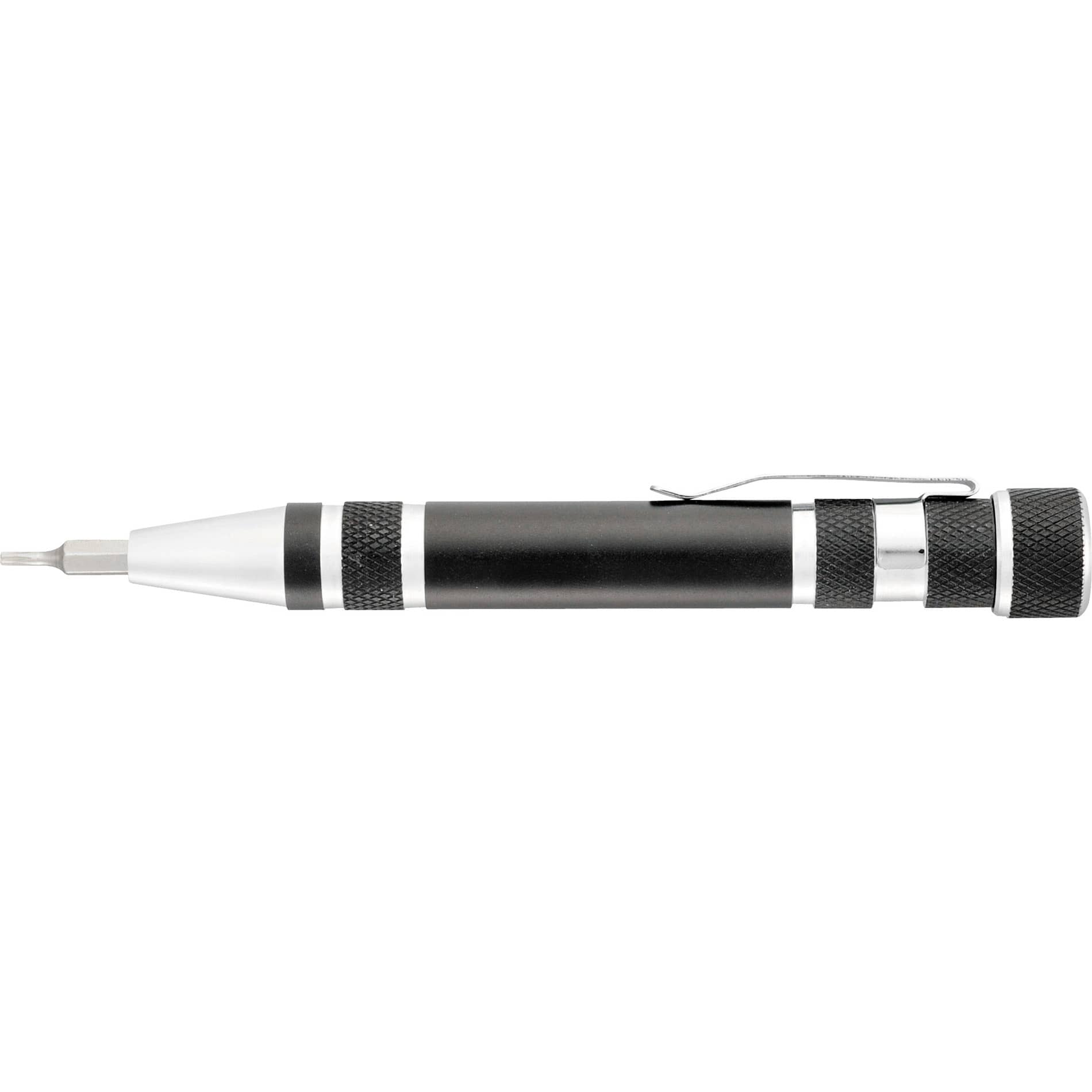 A black and silver multi-tool featuring a screw driver, with a textured grip and clip. It also includes a logo. The Engineer Multi-Tool - Image 1