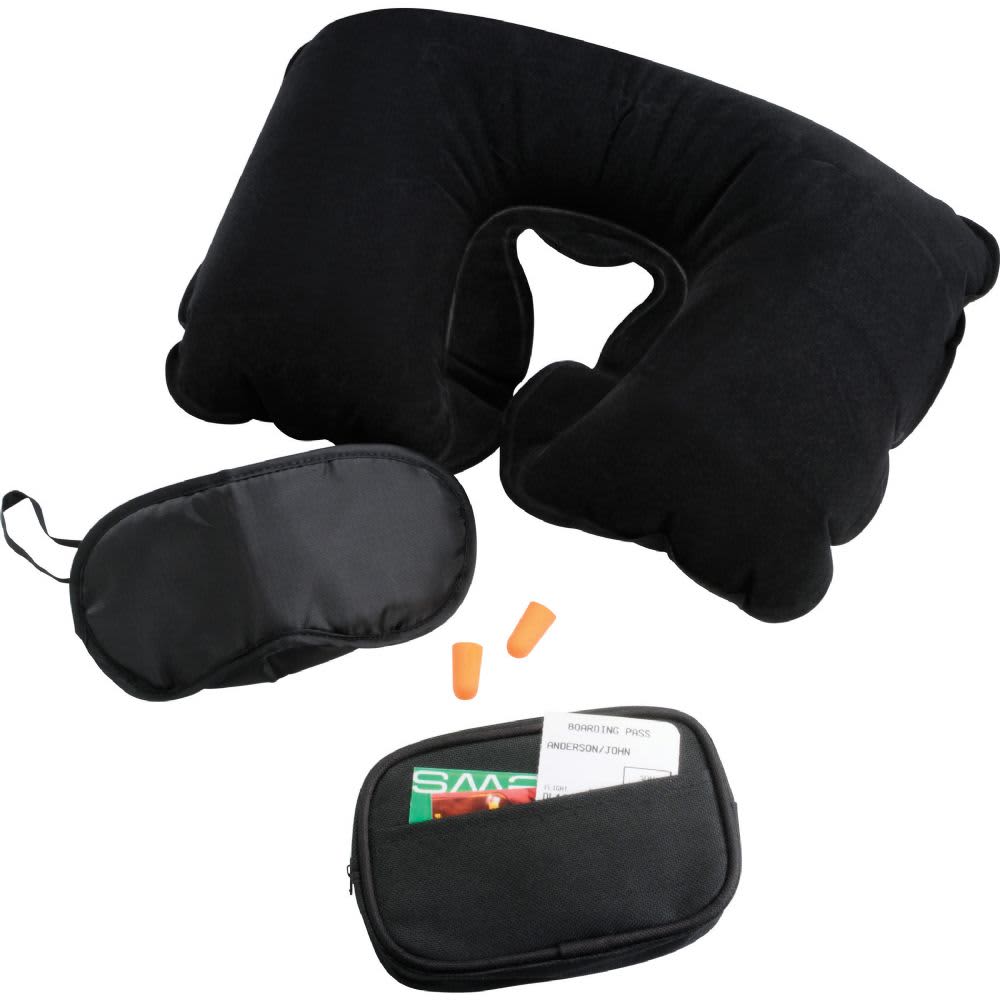 A black travel neck pillow, earplugs, and a small zippered pouch with various travel accessories. Personal Comfort Travel Kit - Image 1