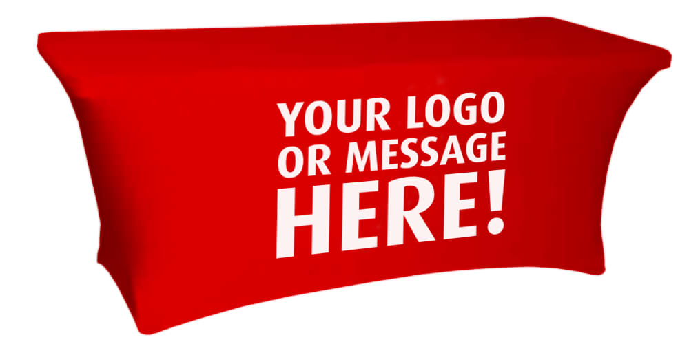 A red table cover designed for a four-foot table, featuring a space for a logo or message. 6 Foot Stretch Table Cover / Table Cloth - Image 1
