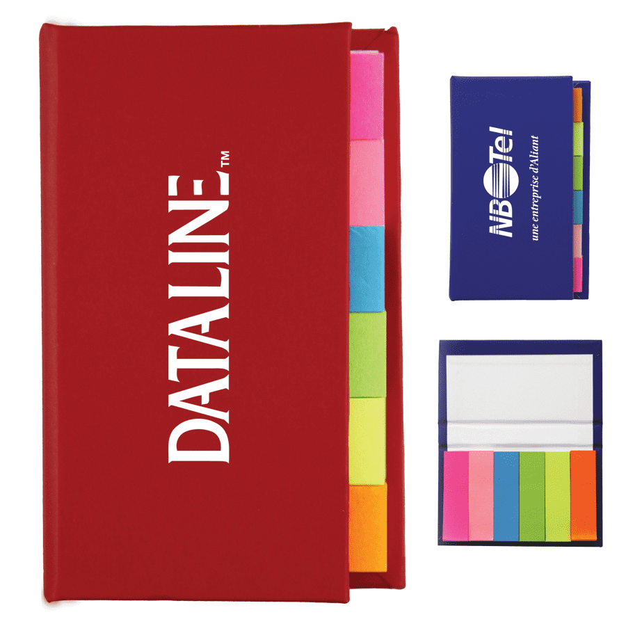 A red adhesive note marker strip book with various colourful sticky notes, alongside two smaller note flag organisers. The Adhesive Note Marker Strip Book - Image 1