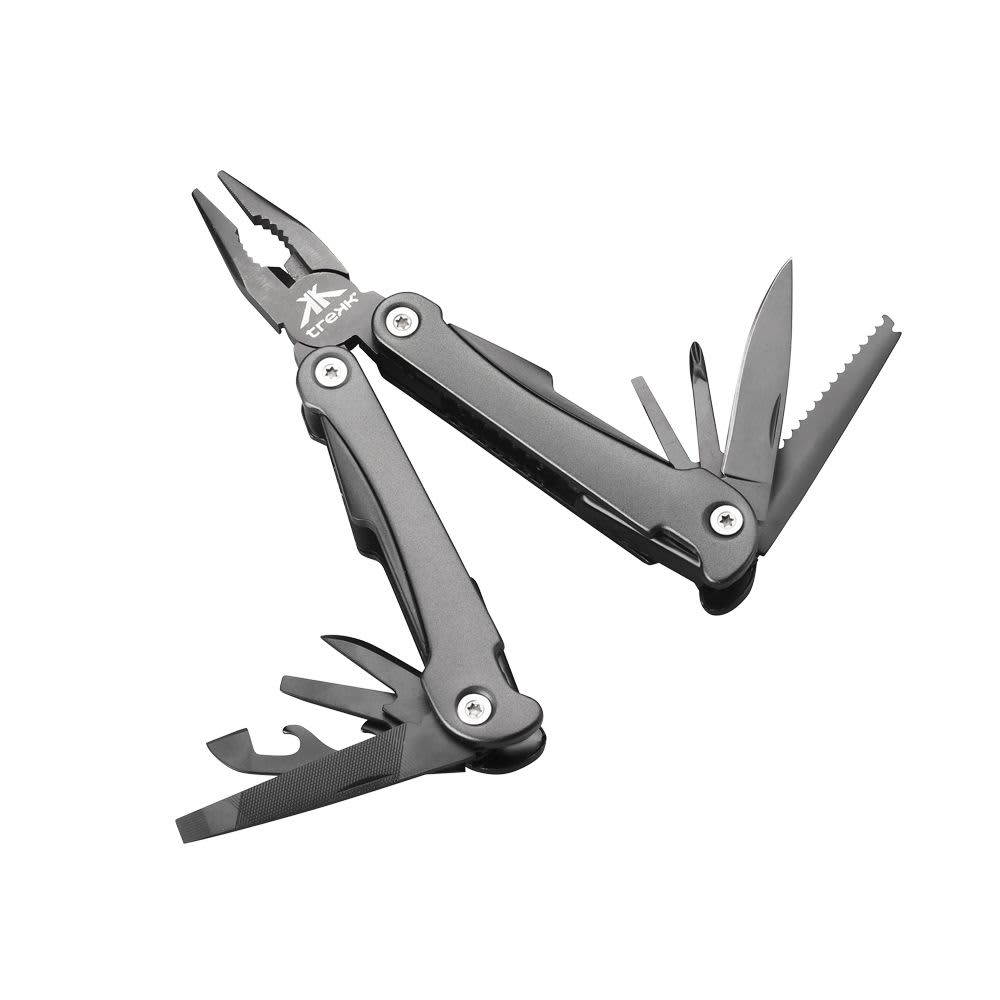 A black multi-tool with pliers, blades, and various attachments. It features a logo on its handle. Trekk Multi-Tool - Image 1