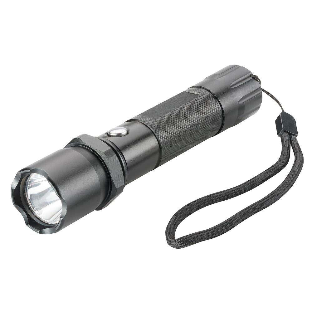 A black flashlight with a textured grip, featuring a wrist strap and bright front light. Trekk Torch w/ Compass - Image 1