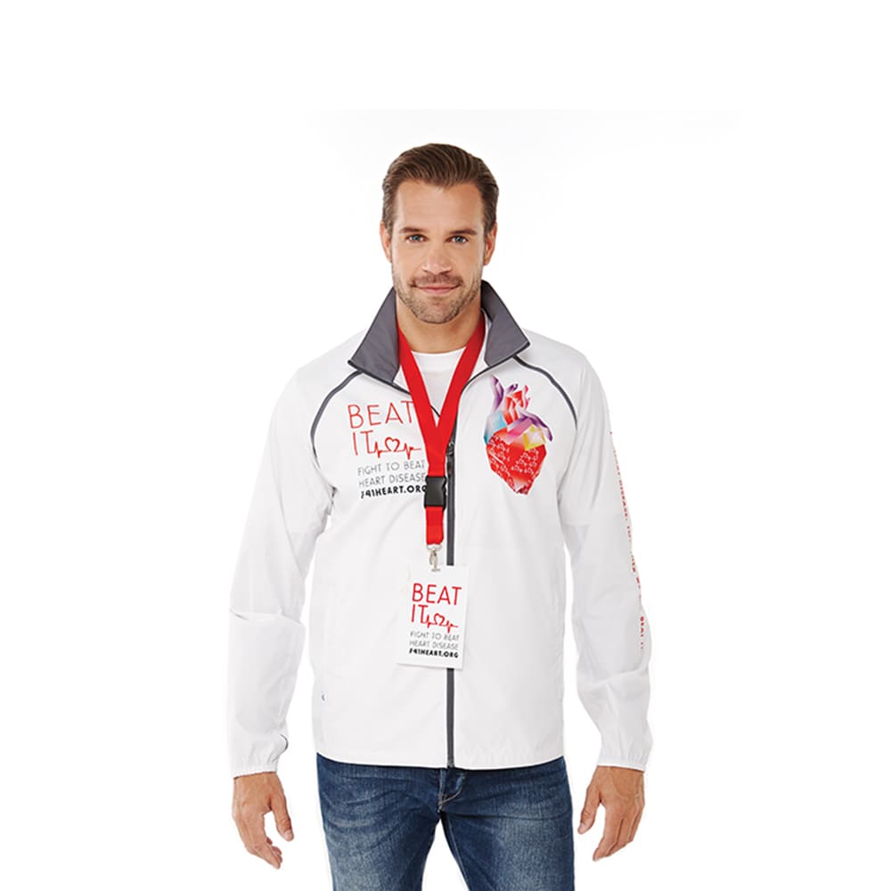 A man wearing a white packable jacket with a logo and colourful graphics. The jacket features a collar and zip. Egmont Packable Jacket - Mens - Image 1