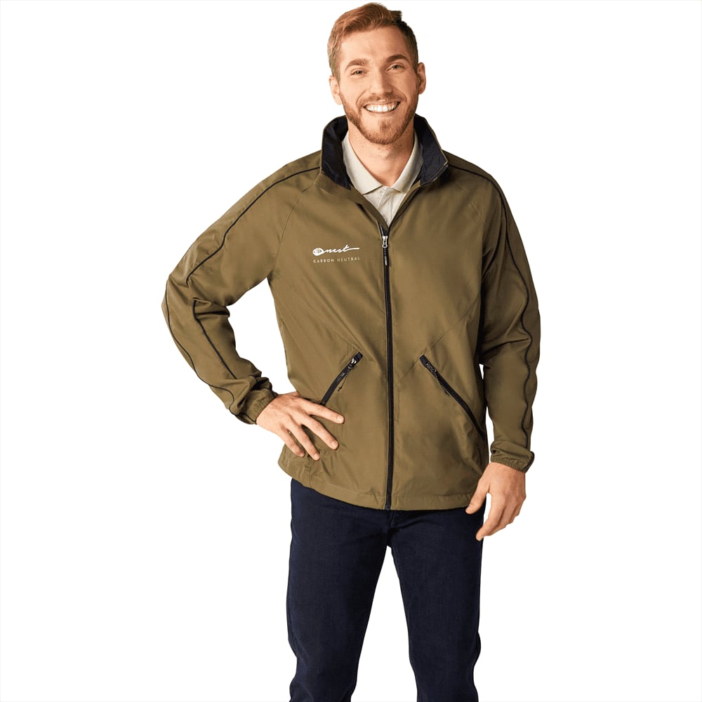 A men's eco-friendly packable jacket in olive green, featuring front pockets and a branded logo. Rincon Eco Packable Jacket - Mens - Image 1