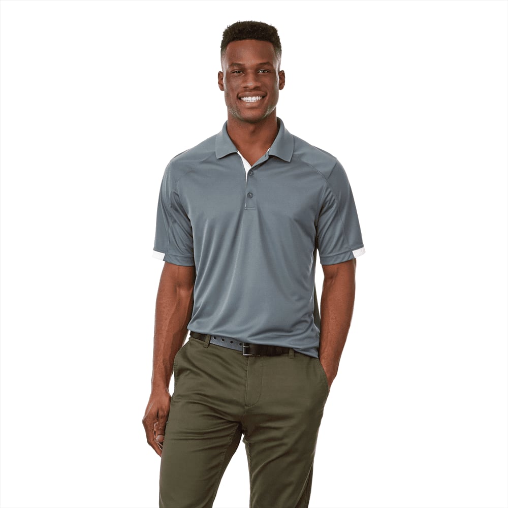 A grey short sleeve polo shirt for men, featuring a contrasting collar and a logo. Kiso Short Sleeve Polo - Mens - Image 1