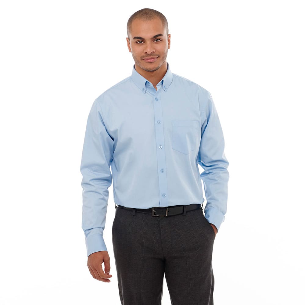 A light blue button-up shirt with a collar, long sleeves, and a single chest pocket. Features a logo. Wilshire Long Sleeve Shirt - Mens - Image 1