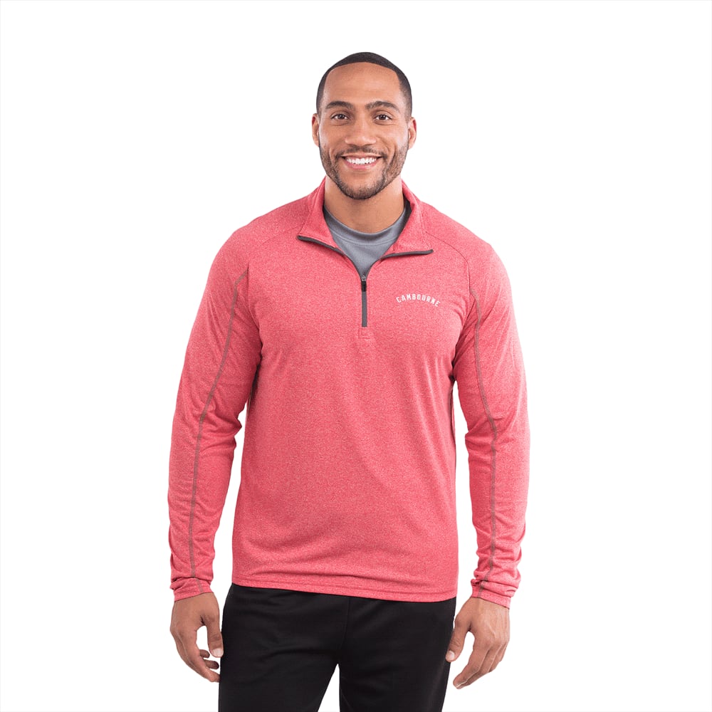A man wearing a red quarter zip jumper with a logo on the chest, featuring a textured fabric design. Taza Knit Quarter Zip - Mens - Image 1