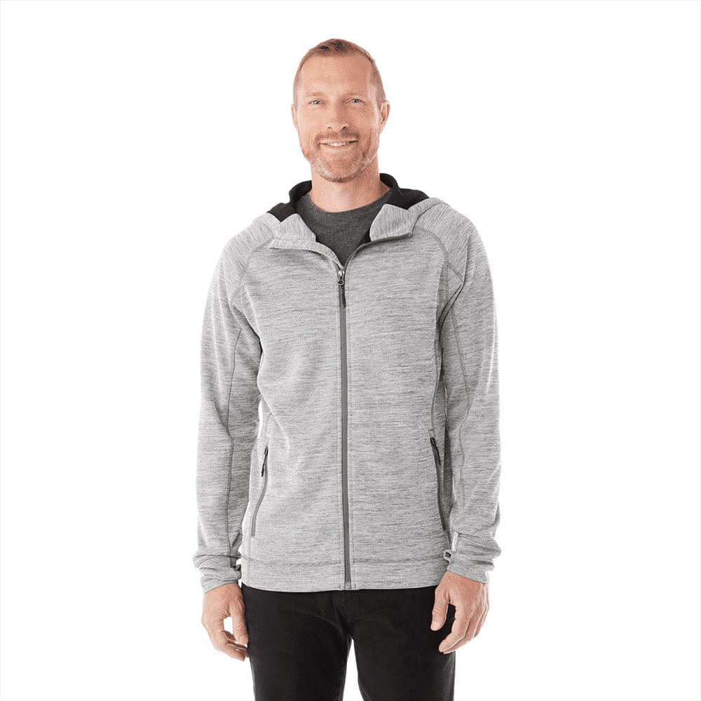 A men's zip hoody in grey with a black-lined hood, featuring a zip closure and a logo. Odell Knit Zip Hoody - Mens - Image 1