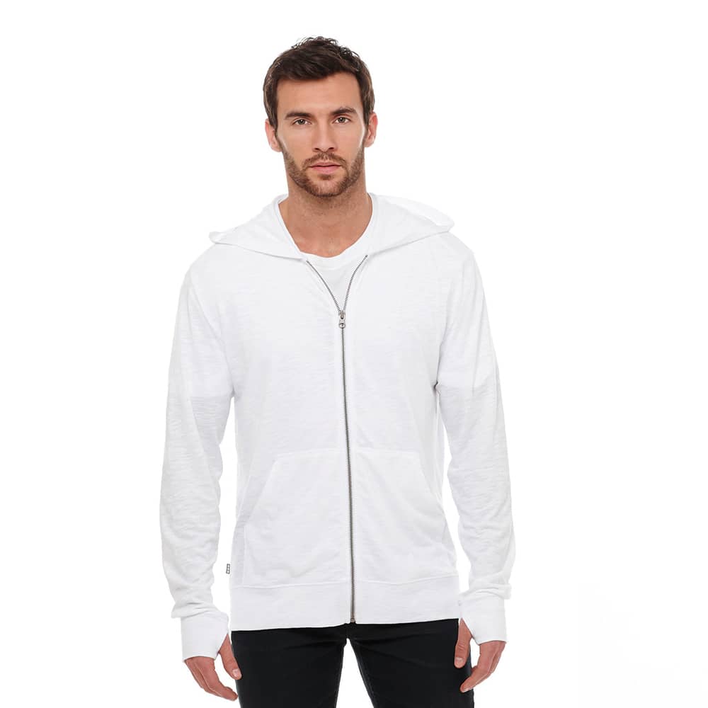 A white full zip hoodie for men, featuring a hood and long sleeves, with a logo on it. Garner Knit Full Zip Hoody - Mens - Image 1