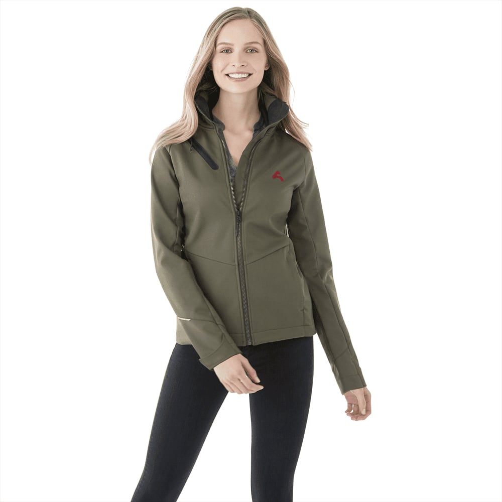 A women's softshell jacket in olive green with a zipped front and a logo on the chest, modelled by a woman. Peyto Softshell Jacket - Womens - Image 1
