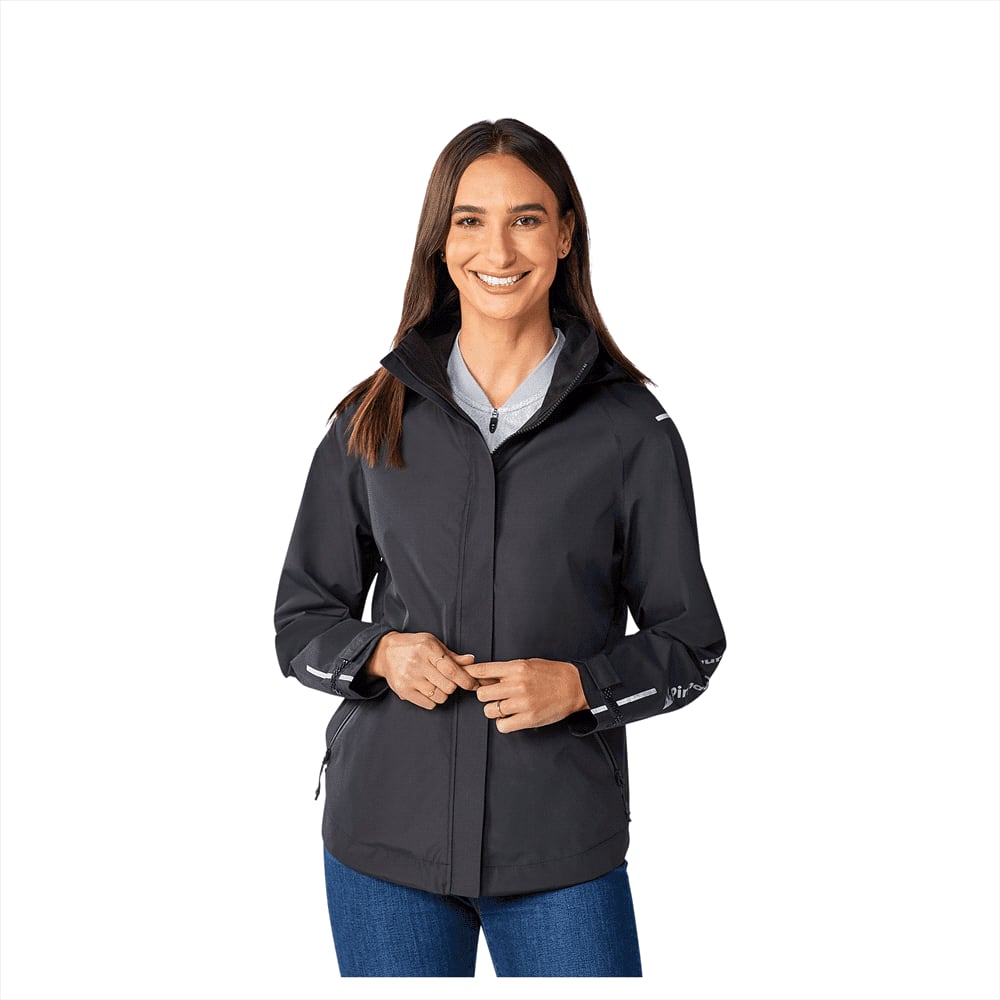 A women's black softshell jacket with pockets and a hood, featuring a branding logo. Gearhart Softshell Jacket - Womens - Image 1