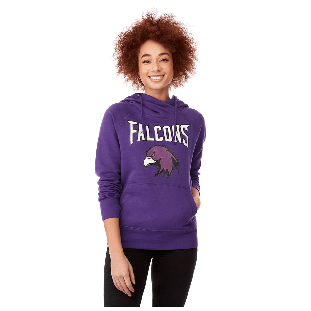 A purple women's fleece hoody featuring a hood and a logo. The model has curly hair and is smiling. Dayton Fleece Hoody - Womens - Image 1