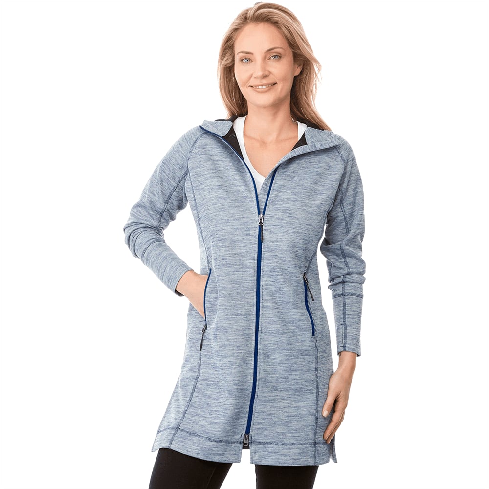 A woman wearing a blue Odell Knit Zip Hoody, featuring a zip closure and pockets. The hoodie has a stylish design. Odell Knit Zip Hoody - Womens - Image 1