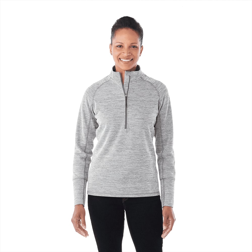 A grey women's knitted jumper features a half zip design and a fitted silhouette, with a logo on the garment. Crane Knit Half Zip - Womens - Image 1