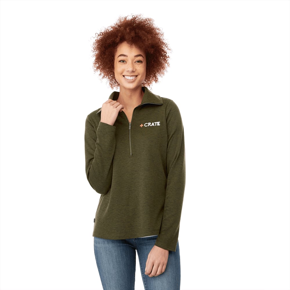 A women's knitted jumper in olive green with a half zip and a logo on the chest. Stratton Knit Half Zip - Womens - Image 1