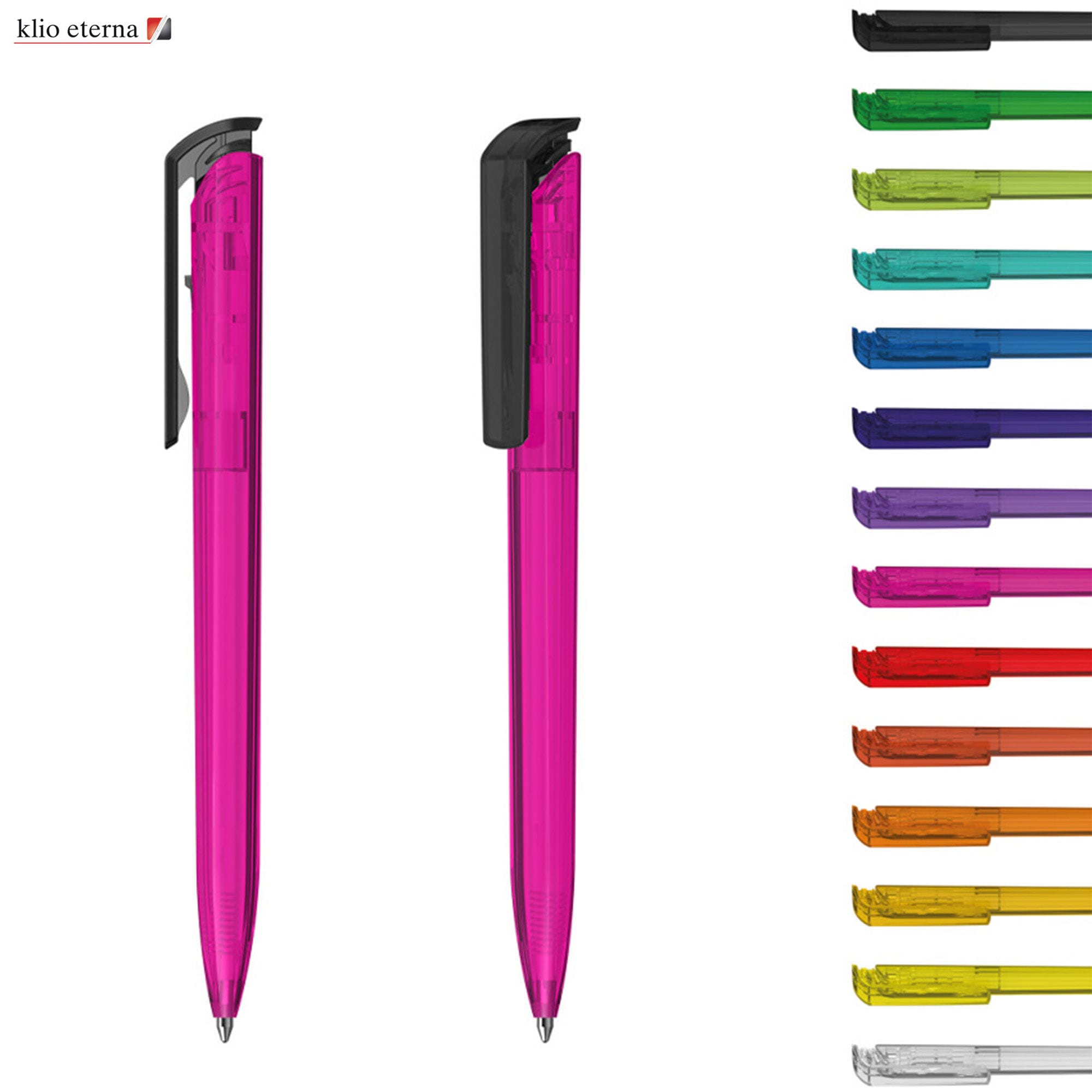 A collection of plastic pens in various colours, including pink, with a black cap and a logo on one pen. Trias Transparent - Image 1