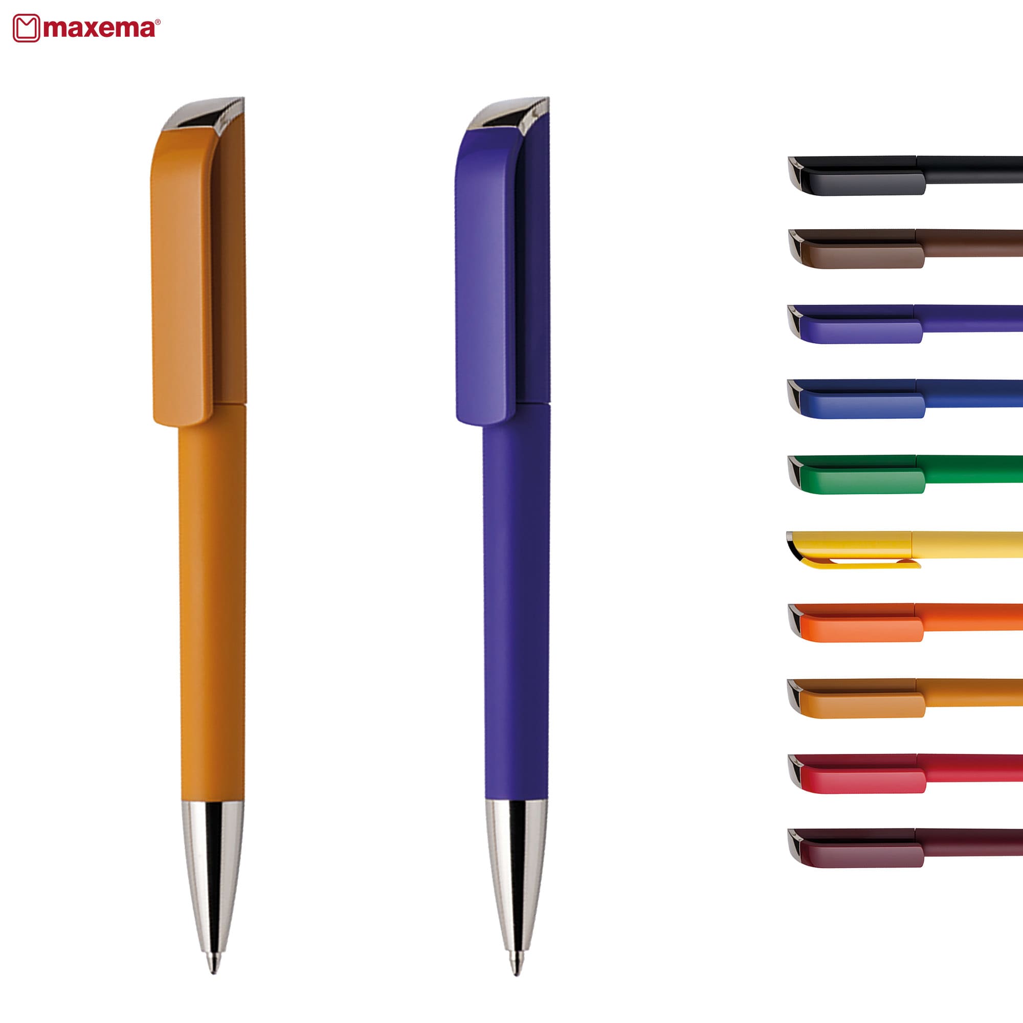 Two plastic pens in orange and purple, featuring a silver clip, alongside a range of pen colours displayed on the right. Tag GOM C CR - Image 1
