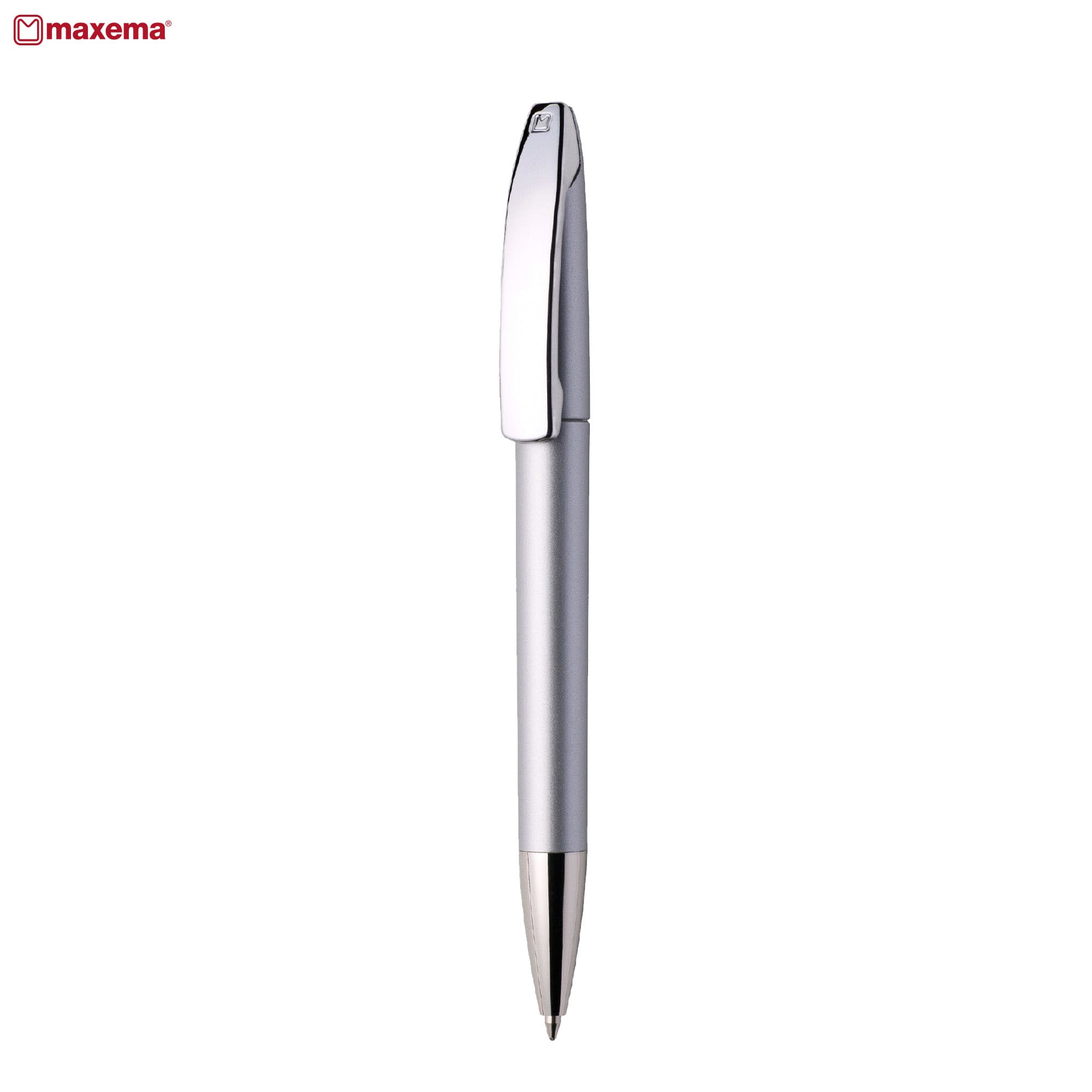 A metal pen in silver with a sleek design and a clip for securing it. Features a branding logo. View AL CR - Image 1