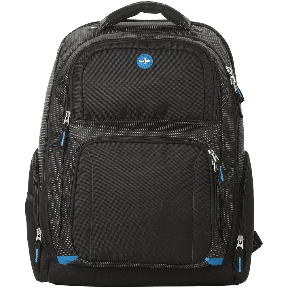 A black backpack with multiple compartments, featuring blue accents and a logo on the front. Zoom Checkpoint-Friendly Compu-Backpack 16L - Image 1