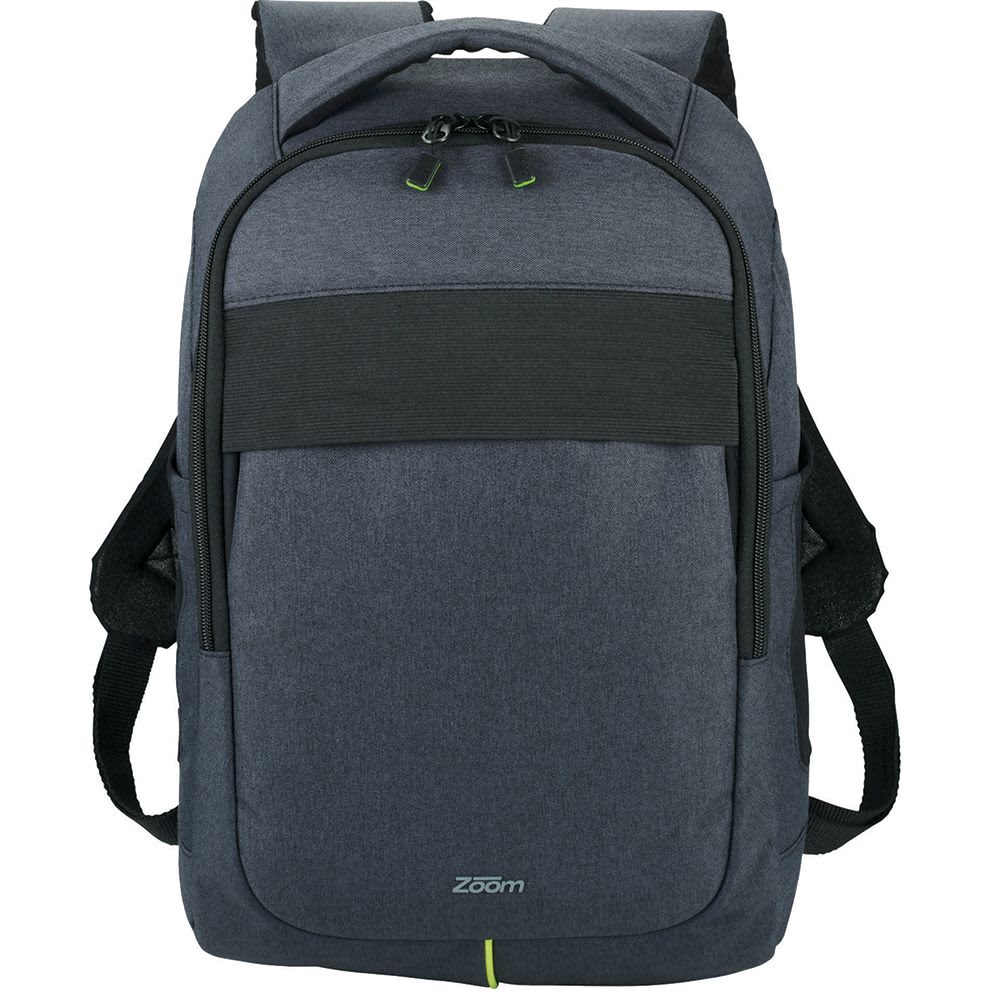 A grey laptop backpack with adjustable straps, featuring a front pocket and a logo. Ideal for carrying a laptop and accessories. Zoom Power Stretch Compu-Backpack 18L - Image 1