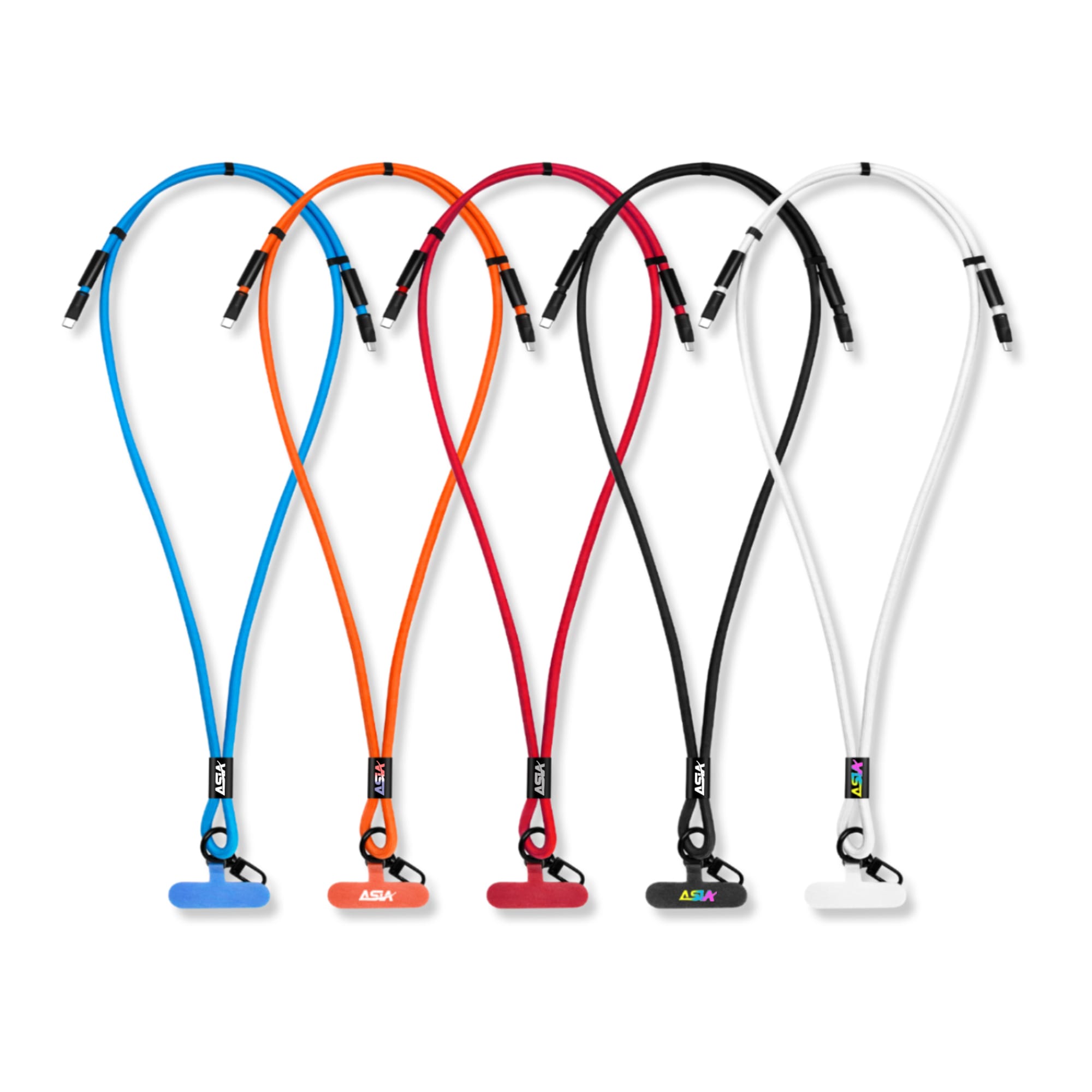 A collection of five 60W Charging Phone Lanyards in blue, orange, red, black, and white, each with a logo. 60W Charging Phone Lanyard - Image 1