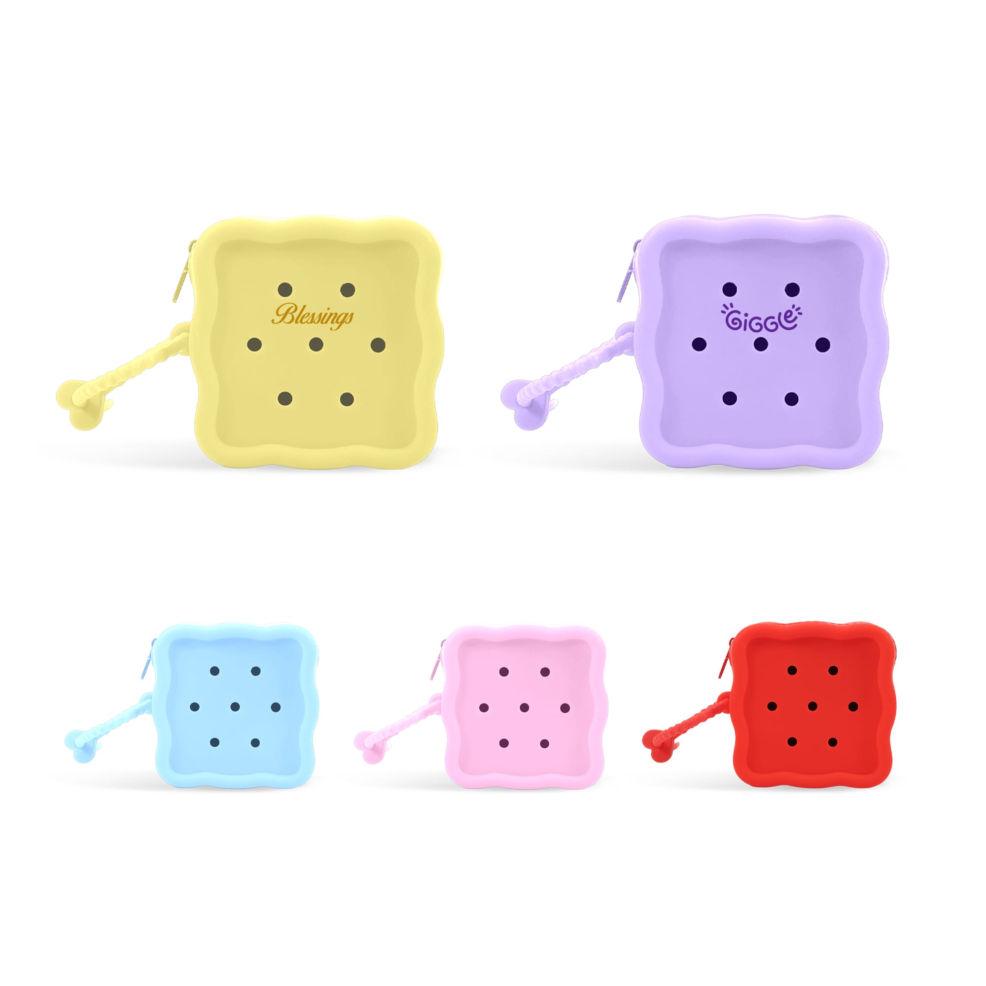 A square silicone pouch in yellow, purple, blue, pink, and red, with dotted holes and a handle. It features logos. Square Silicone Holes Pouch - Image 1