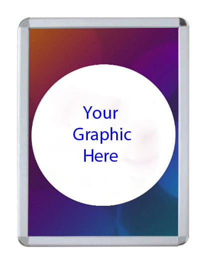 A picture frame in a silver finish with a multicoloured background and a white circular area for custom graphics. Snap Lock Picture Frames A1 - Image 1