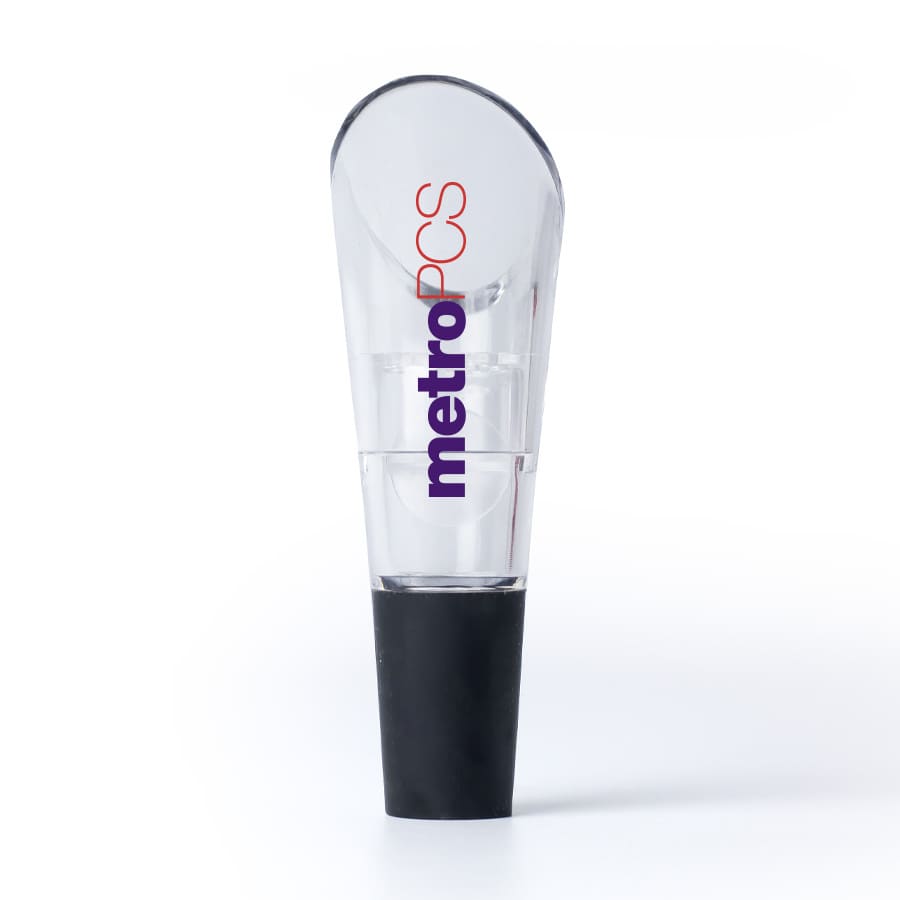 A clear aerator with a black base, featuring a logo on the side, designed for home use. Vinifera Aerator - Image 1