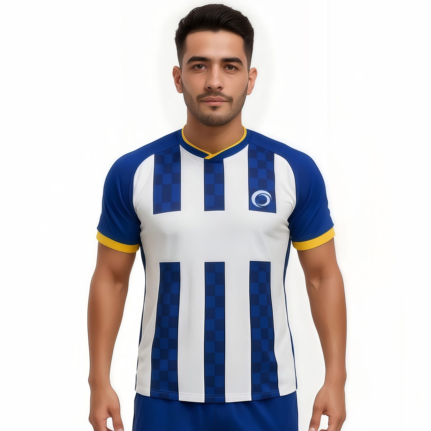 A breathable blue and white cross neck raglan T-shirt featuring a logo. Suitable for casual wear or sports. 100% Polyester Sublimated Breathable Cross Neck Raglan T-shirt - Image 1