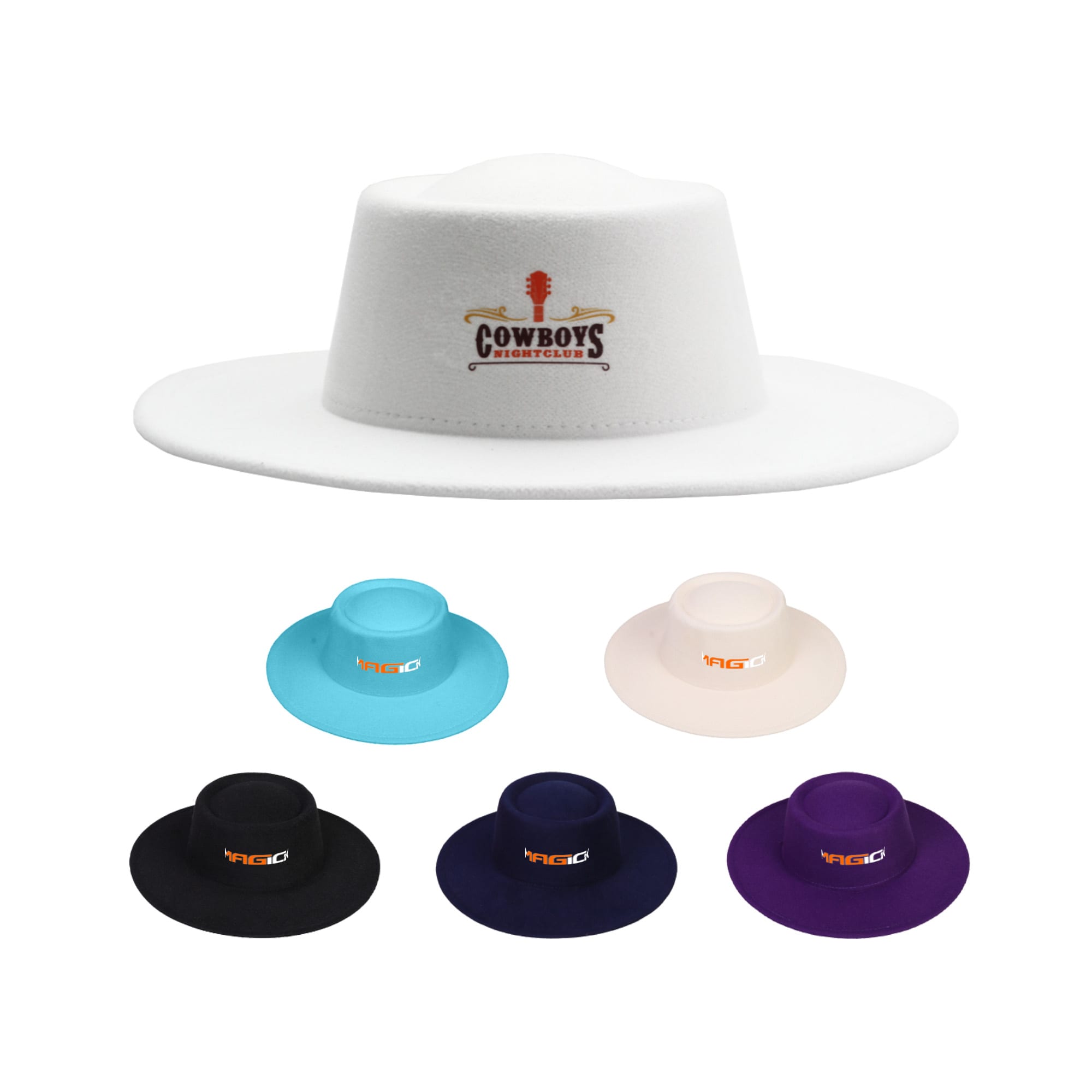 Flat top felt fedora hats in white, blue, cream, black, and purple, featuring various logos. Flat Top Felt Fedora Hat - Image 1