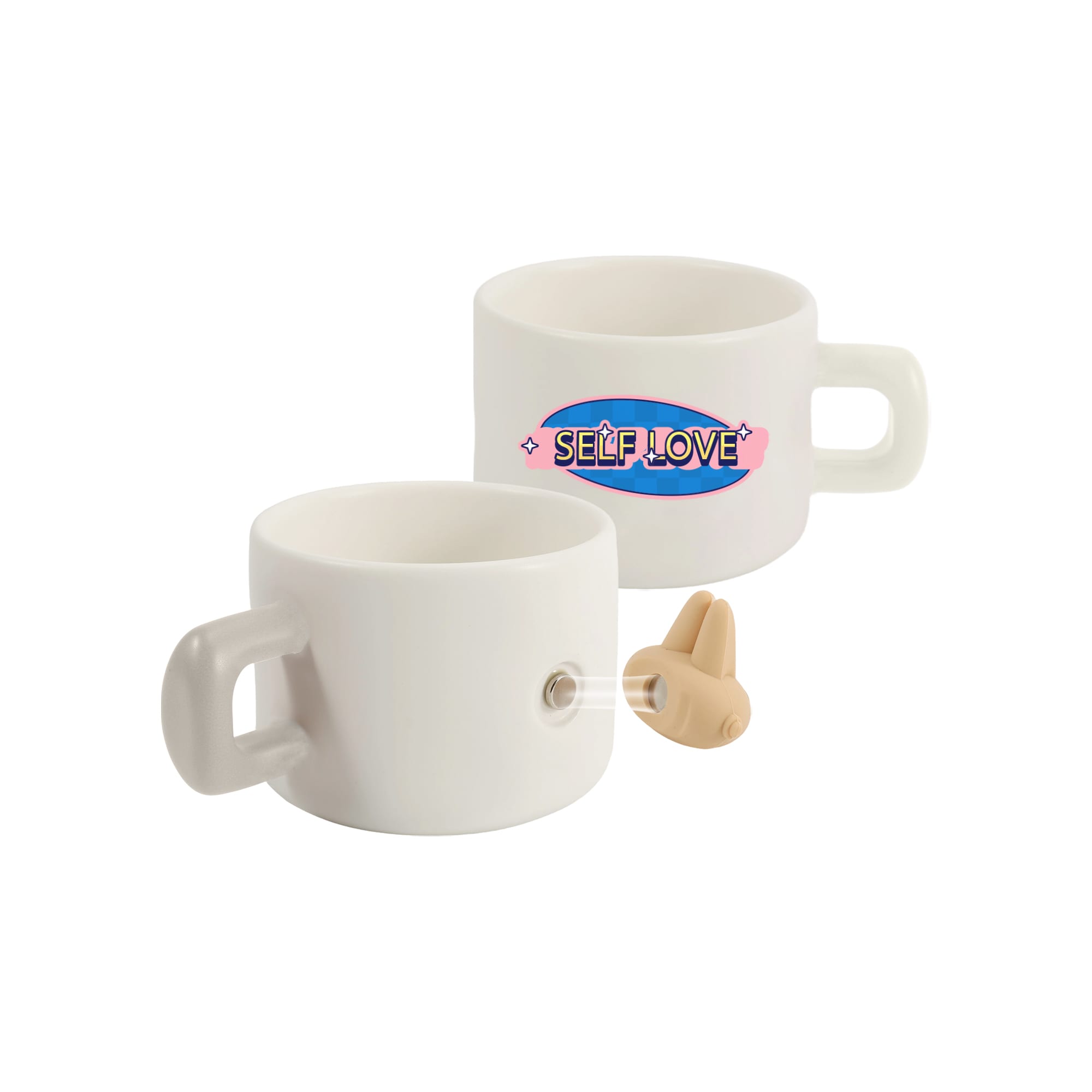 A white ceramic mug with a handle, featuring a logo and a small silicone accessory. Magnetic Ceramic Mug - Image 1