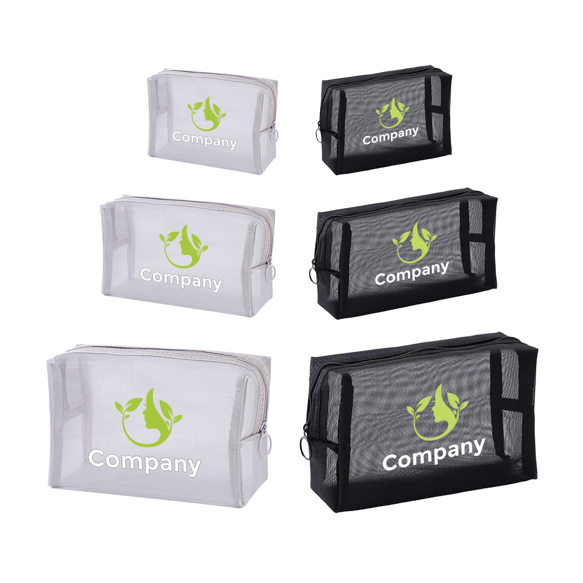 A set of nylon mesh cosmetic bags in clear and black, featuring a logo on each bag. Nylon Mesh Cosmetic Bag - Image 1