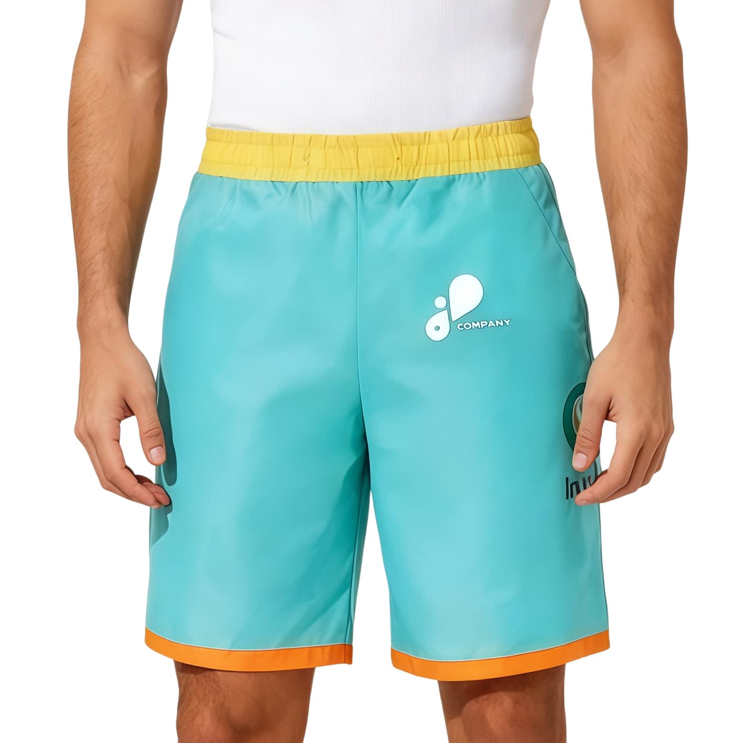 A pair of men's polyester beach shorts in turquoise with a yellow waistband and orange trim, featuring logos. Men's Polyester Sublimated Beach Shorts - Image 1