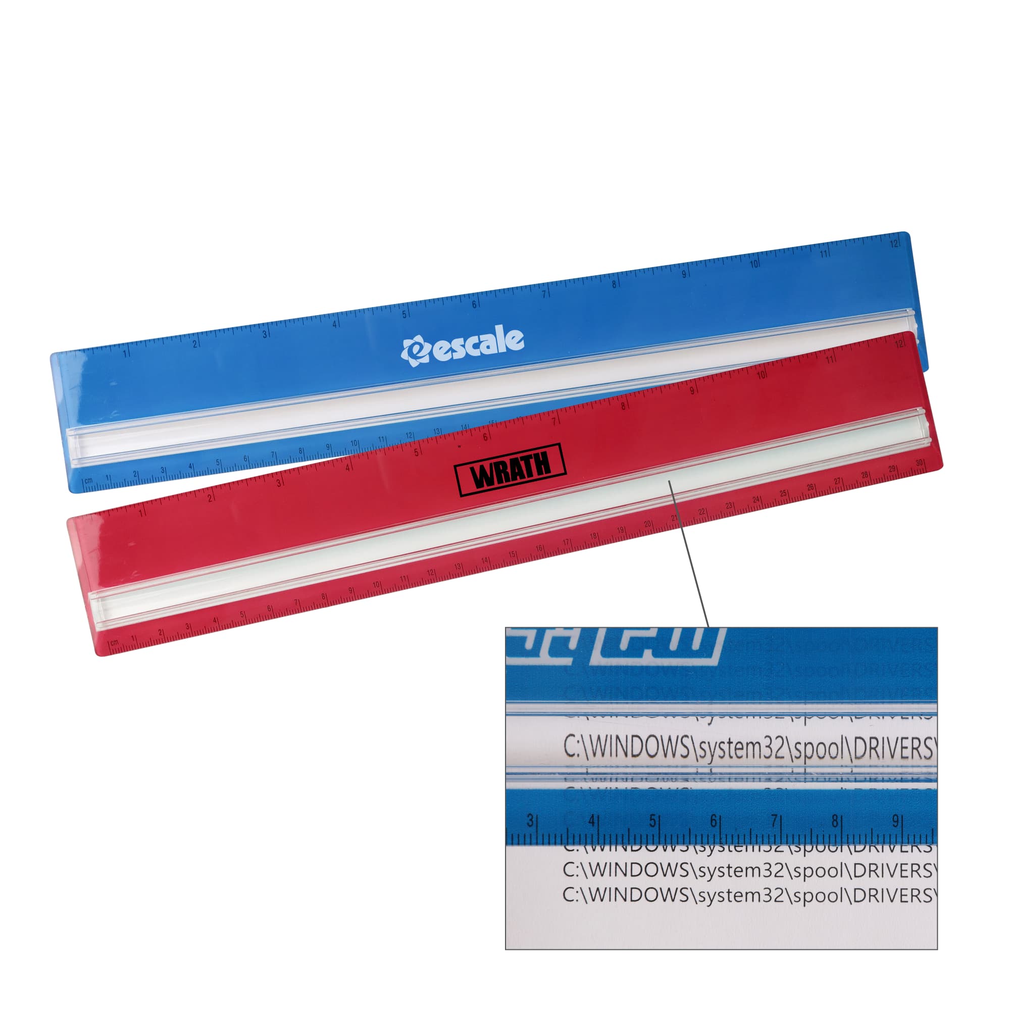 A red and blue dual scale magnifying ruler with a logo, featuring clear measurement markings. Dual Scale 30CM Magnifying Ruler - Image 1