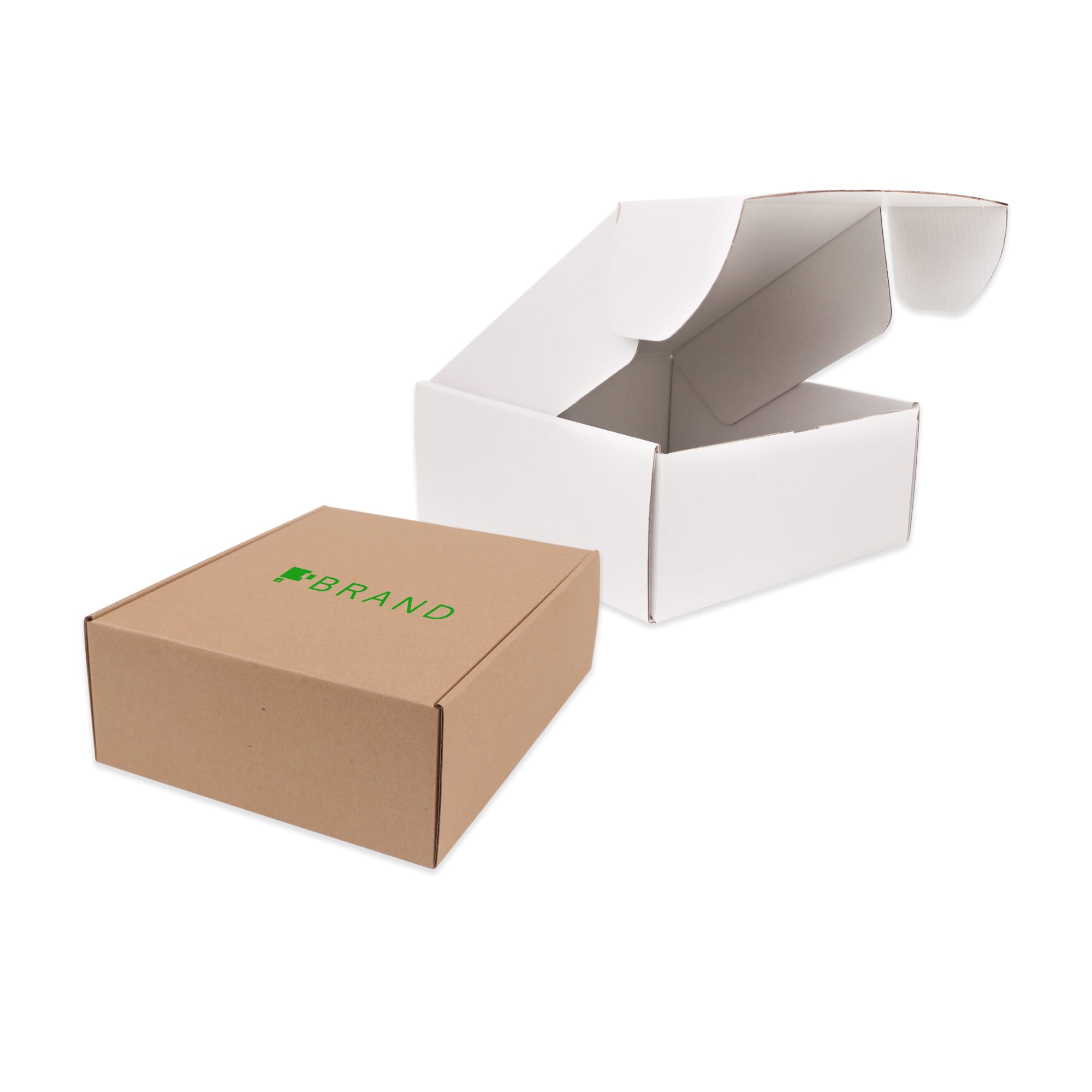 A small brown cardboard box and a white open shipper box, both featuring a logo. Small Shipper Box - Image 1