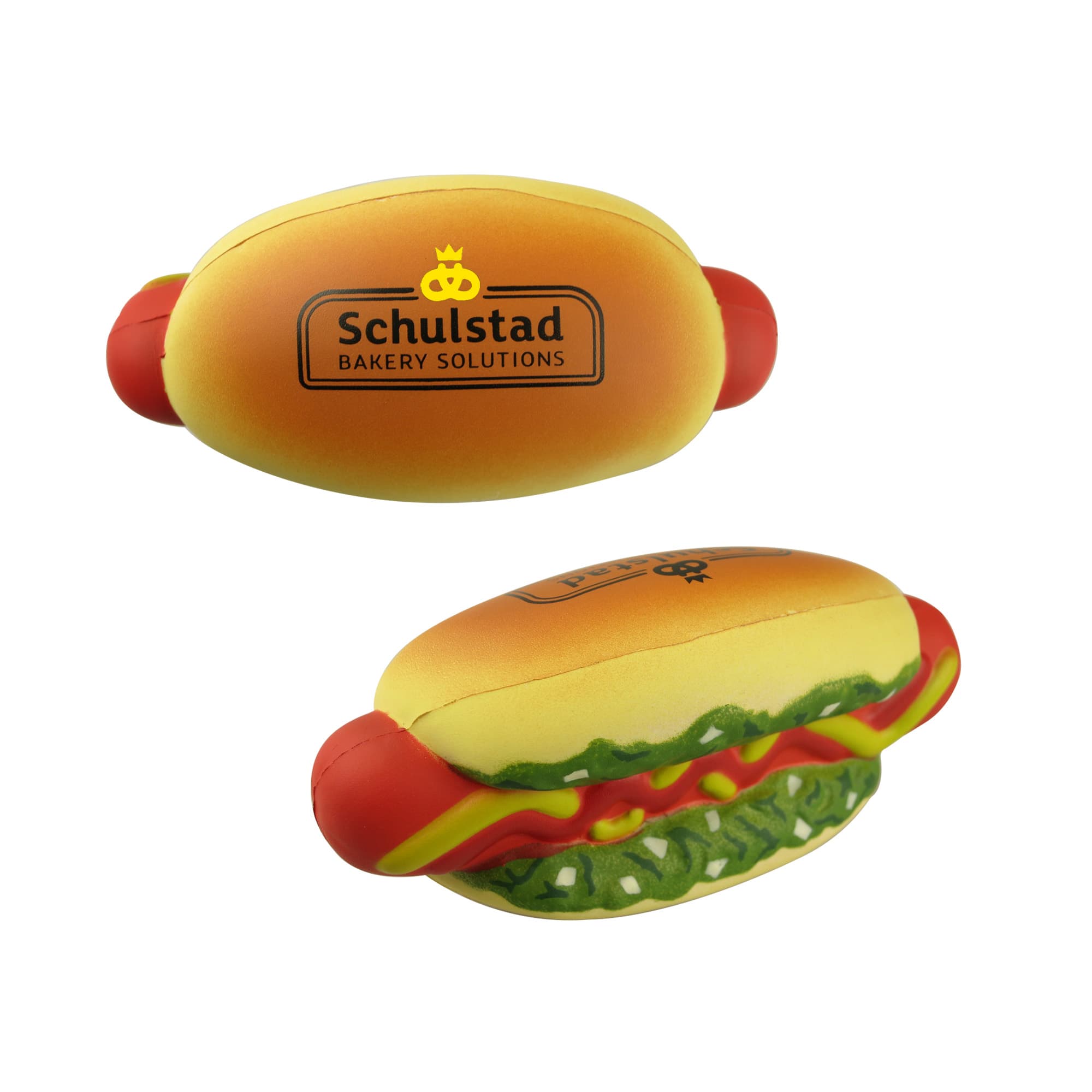 A hot dog shaped stress reliever in yellow and red with green detailing, featuring a logo on one side. Hot Dog Shape Stress Reliever - Image 1
